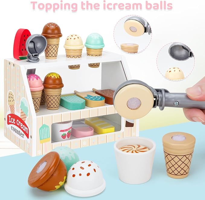Wooden Ice Cream Toys for Kids Ice Cream Counter Shop for Toddlers Pretend Play Food Scoop and Serve with Scoop & Menu & Fake Money for Boys and Girls Ages 3 4 5 6.