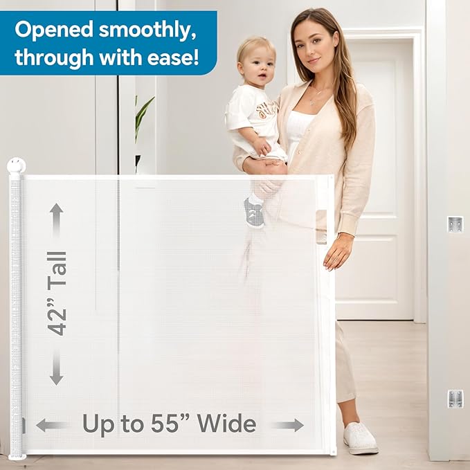 Bulubaky Extra Tall Safety Retractable Baby Gate Adjustable Wide Retractable Dog Gate Mesh Baby Gate Child Gate for Doorway, Hallway, Stair Gates for Kids or Pets (White, 42" Tall x 55" Wide)
