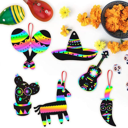 WATINC 60pcs Mexican Fiesta Scratch Cards Art Set for Kids Adults, Cinco De Mayo Party Decorations Favor, DIY Magic Colorful Art Craft Kit, Scratch Paper Ornaments for Birthday Party