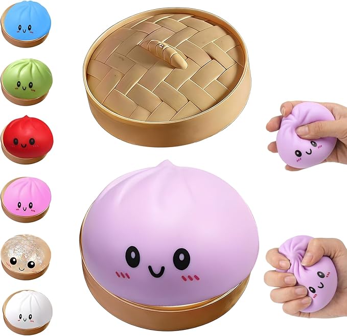 Dumpling Squishies Toy, Giant Glitter Dumpling, Colorful Steamed Bun Stress Balls Fidget Sensory Toy,Squeeze Dough Ball Stress Relief Hand Toys with Food Steamer Stretchy Desk Toys (Purple)
