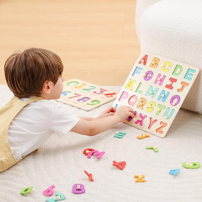 GRINNNIE Toddler Puzzle for 2 3 4 Years Old, Wooden Alphabet Number Peg Puzzles for Preschool Toddlers Age 2-4, Great Learning Puzzle Toy 1st Birthday Gift for Girls Boys