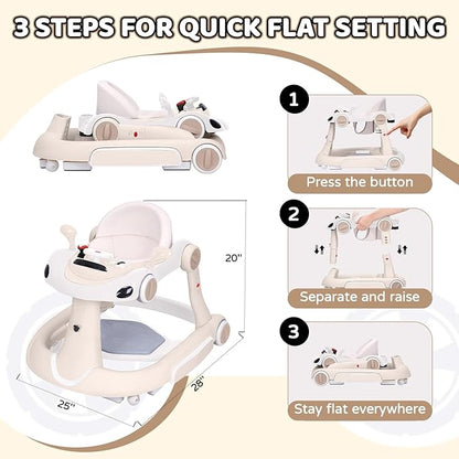 Baby Walker with Wheels, 5-in-1 Foldable Infant Toddler Walker for Boys Girls 6-18 Month, Music Walker for Baby with Car Steering Wheel &Removable Footrest,Baby Push Walker Beige