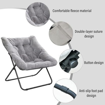 Tiita Comfy Saucer Chair, Soft Faux Fur Oversized Folding Accent Chair, Lounge Lazy Chair for Kids Teens Adults, Metal Frame Moon Chair for Bedroom, Living Room, Dorm Rooms, X-Large, Grey
