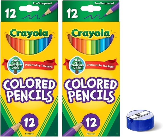 Colored Pencils 12ct 2pk, Assorted Colors, Pre-Sharpened + Bonus Sharpener (Color May Vary) - Vibrant Colors for Art & School Projects