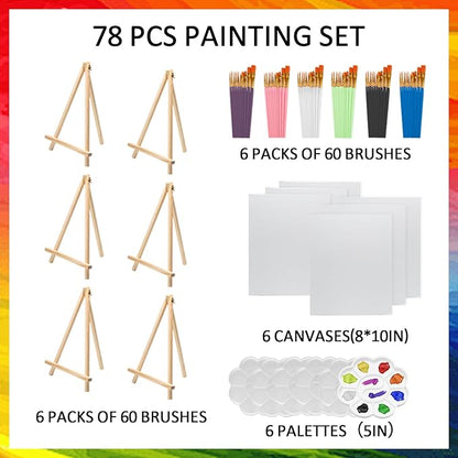 78 Pcs Art Painting Kit Supplies Set for Kids to Party - 6 Packs of 60 Brushes, 6 Wood Easels(8 * 12in), 6 Canvas Panels(8 * 10in) & 6 Palettes(5in), No Paint