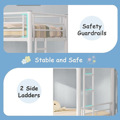VECELO Twin Over Twin Bunk Bed with Built-in Ladder and Safety Guardrail, Heavy Duty Metal Bunkbeds, Space Saving, No Box Spring, White