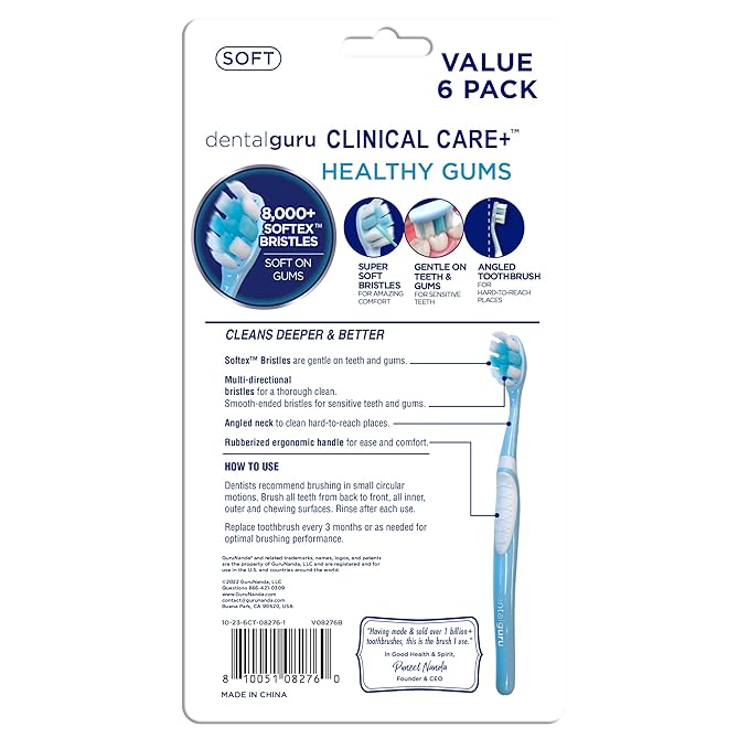 GuruNanda Butter On Gums Toothbrush with 8000+ Softex Bristles, Ultra Soft Bristles for Sensitive & Receding Gums, Perfect for Whiter Teeth, 6 Count