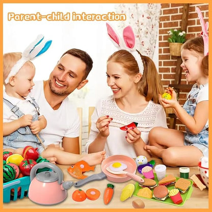 Kids Kitchen Toy Accessories Kitchen Playset Pretend Cooking Play Pots Pans Utensils Cookware Food Fruit Veges Shopping Storage Basket Learning Present for Girls Boys