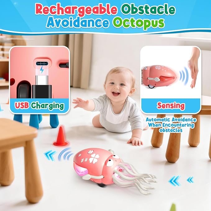 Dancing Squid Baby Girls Toy, Infant Tummy Time Toys for 3-6 Months, Interactive Crawling Octopus with Music and Light for 6-12, 12-18 Learning Walking Toy for Toddlers 1 Year Old Birthday Gifts