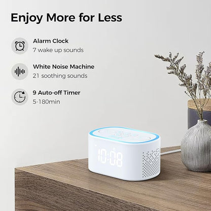 Reacher Digital Alarm Clock & White Noise Sound Machine, 21 Soothing Sounds, 7 Wake Up Sounds, 8 Night Lights, 9 Sleep Timer, 32-Level Volume, Memory Function for Bedside, Bedroom, Teens, Kids, White
