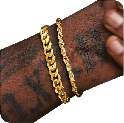 PEALICIOUS Bracelets for Men Jewelry as 2 PCS Silver/Gold Bracelet for Men Chain, 7-10In Stainless Steel Bracelets for Men Fathers Days Gifts for Boys Pulseras Para Hombres Mens Accessories