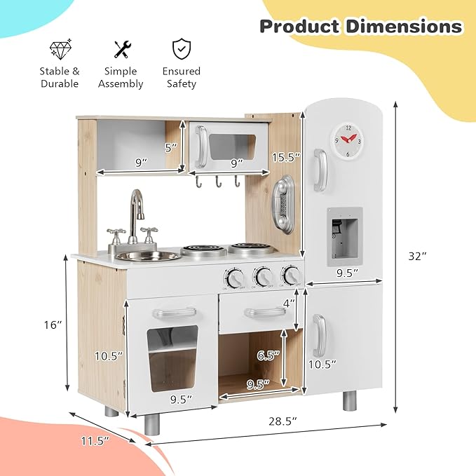 KOTEK Play Kitchen Set for Kids, Wooden Toddler Kitchen Playset with Water Dispenser w/Lights Sounds, Stove, Oven, Fridge, Microwave & Sink, Chef Pretend Play Toy Gift for Girls Boys Age 3+ (White)