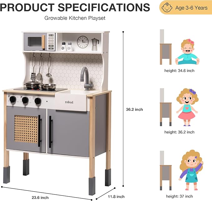 ROBUD Play Kitchen for Kids, Wooden Play Kitchen Set with Sounds & Lights, Modern Vintage Pretend Play Kitchen Set for Toddlers, Gift for Boys & Girls, 3+ (Gray)