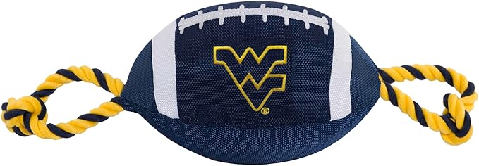 Pets First NCAA West Virginia Mountaineers Nylon Football Dog Toy, Tough Quality Nylon Materials, Strong Pull Ropes, Inner Squeaker, Collegiate Team Color