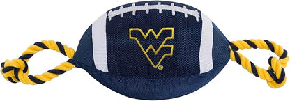 Pets First NCAA West Virginia Mountaineers Nylon Football Dog Toy, Tough Quality Nylon Materials, Strong Pull Ropes, Inner Squeaker, Collegiate Team Color