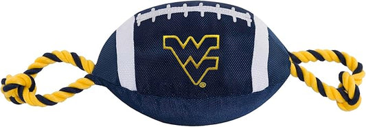 Pets First NCAA West Virginia Mountaineers Nylon Football Dog Toy, Tough Quality Nylon Materials, Strong Pull Ropes, Inner Squeaker, Collegiate Team Color