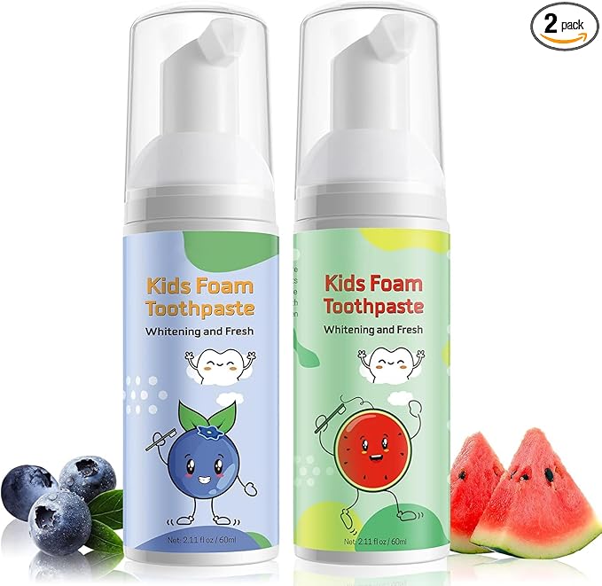 Foam Toothpaste Kids,Toddler Whitening Toothpaste with Low Fluoride & Natural Formula to Reduce Plaque,Kids Foaming Toothpaste for U Shaped Toothbrush for Children (Blueberry&Watermelon)