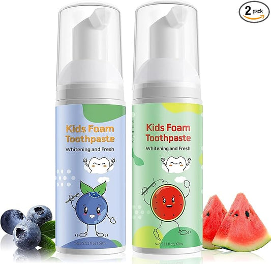 Foam Toothpaste Kids,Toddler Whitening Toothpaste with Low Fluoride & Natural Formula to Reduce Plaque,Kids Foaming Toothpaste for U Shaped Toothbrush for Children (Blueberry&Watermelon)