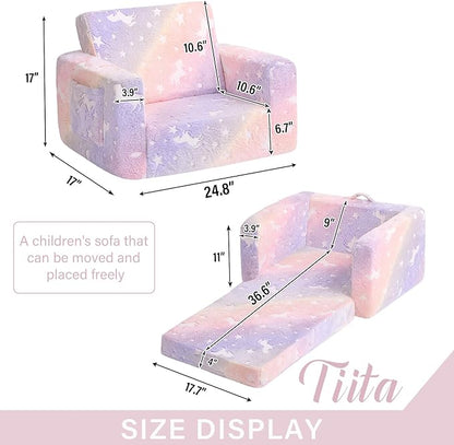 Tiita Kids Sofa, 2-in-1 Kids Sofa Chair, Convertible Children Couch to Lounger, Flip Out Kids Sofa Chair, Toddler Armrest Chair Bed, Folding Kids Play Sofa for Girl or Boy(Twill Pegasus)