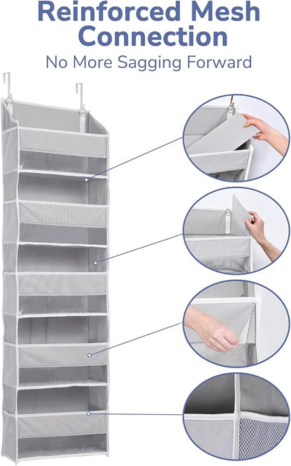 ULG 1 Pack Over Door Organizer with 5 Large Pockets 10 Mesh Side Pockets, 44 lbs Weight Capacity Hanging Storage Organizer with Clear Window for Kids Toys, Shoes, Diapers, Grey, 5 Layer