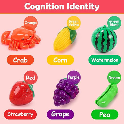 HOLYFUN Play Food Toy Set for Kids Kitchen, Shopping Basket with Cutting Fruit & Vegetables Accessories, Pot and Pan, Plastic Dishes, Toddler Play Kitchen Accessories Educational Toys for Boys Girls