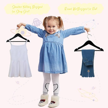 FairyHaus Kids Wooden Hangers 20Pack Black, 12.8 Inch Baby Wooden Hangers for Closet, Anti-Rust 360° Swivel Hook, Notches & Smooth Finish, Natural Solid Wood Childrens Hangers for Clothes