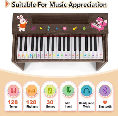 Kids Piano Keyboard, 37 Keys Wooden Digital Piano for Kids with Bench,Song Book, DIY Stickers, Cover, Education Creative Musical Instruments Toy for Boys & Grils Gifts