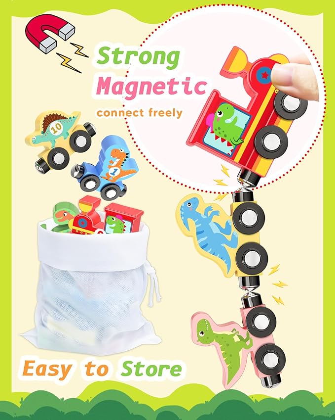 11 Pcs Magnetic Dinosaur Train Set Montessori Toys for 1 2 3 Years Old Toddlers Boys Girls, Wooden Dinosaur Preschool Learning Easter Basket Stuffers Sensory Toys Birthday Gifts Ages 1-3, 2-4