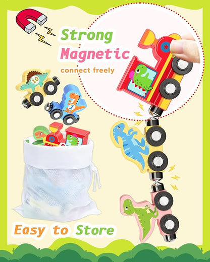 11 Pcs Magnetic Dinosaur Train Set Montessori Toys for 1 2 3 Years Old Toddlers Boys Girls, Wooden Dinosaur Preschool Learning Easter Basket Stuffers Sensory Toys Birthday Gifts Ages 1-3, 2-4