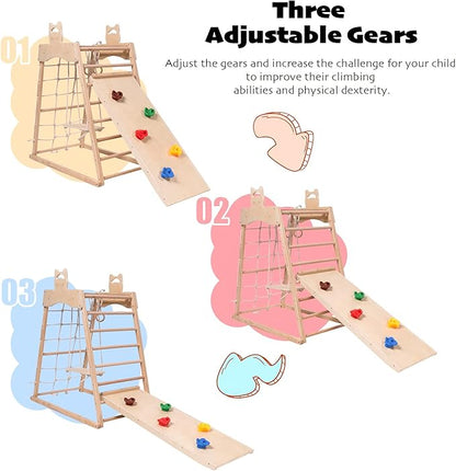 Jungle Gym Indoor (8 in 1) Wooden Indoor Playground, Toddler Wooden Climbing Toys, Montessori Playset, Gym with Slide, Climbing Net, Swing, Tent, Gymnastics Ring…