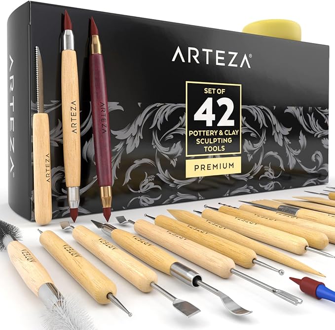 ARTEZA Pottery & Sculpting Tools, 42-Piece Clay Tools Set with Wooden Handles & Steel Tips for Polymer Clay, Ceramics, Carving, Modeling, Shaping & Smoothing
