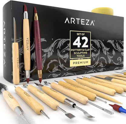 ARTEZA Pottery & Sculpting Tools, 42-Piece Clay Tools Set with Wooden Handles & Steel Tips for Polymer Clay, Ceramics, Carving, Modeling, Shaping & Smoothing