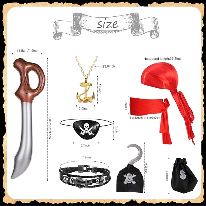 Halloween Pirate Costume Set, 8pcs Pirate Costume Accessories Including Eye Patch Red Kerchief Pirate Anchor Necklace Pirate Hook Red Cloth Belt Braided Bracelet for Kids Women