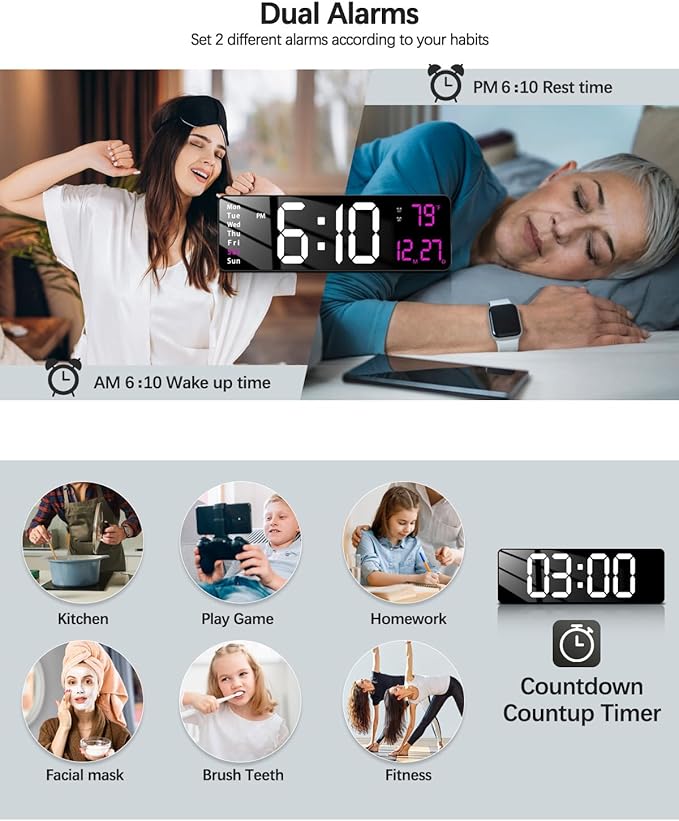Modern 16" Large Digital Wall Clock with Remote Control, LED Display, Auto-Dimming, Countdown, Temperature, Calendar - 12/24Hr Format - Silent Wall Clock for Home, Office, or Gym Use (Pink)