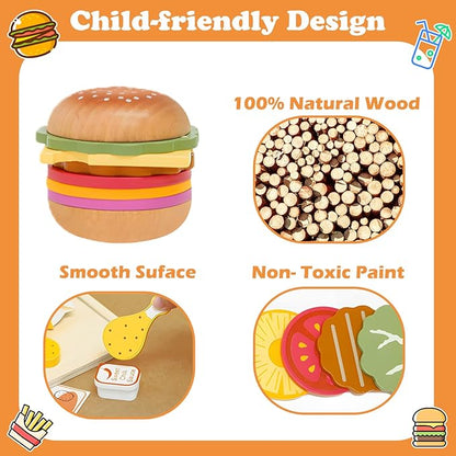 Wooden Play Food Set Toy for Play Kitchen, Toddlers Pretend Play Kitchen Accessories, Wooden Play Fast Food Hamburger, French Fries Set Educational Toys Gift for Kids Boys Girls