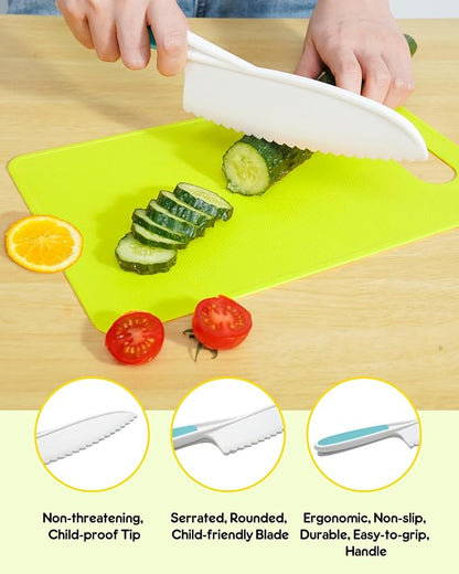Kids Knife Set, 5 Pcs Montessori Kitchen Tools for Toddlers' Real Cooking for 3+, BPA Free Kids Safe Kitchen Cooking and Baking Set with Peeler, Cutting Board for Sandwich Bread Vegetable Fruit Gift