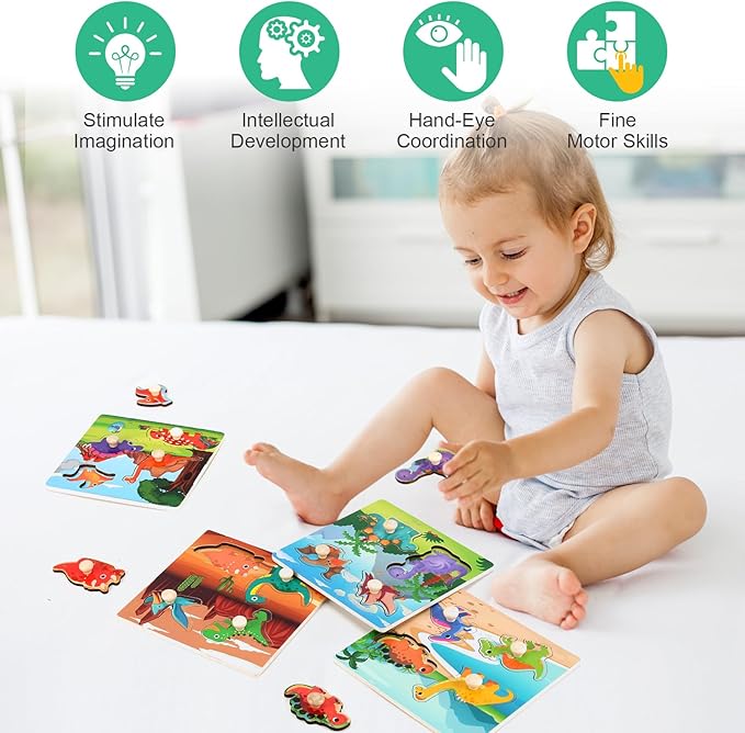 Wooden Peg Puzzles for Toddlers 1-3, Kids Educational Preschool Peg Puzzle Toy Ages 2-4, Set of 4 Dinosaur Toddler Puzzles, Ideal Gift for Ages 1 2 3 4 Boys and Girls