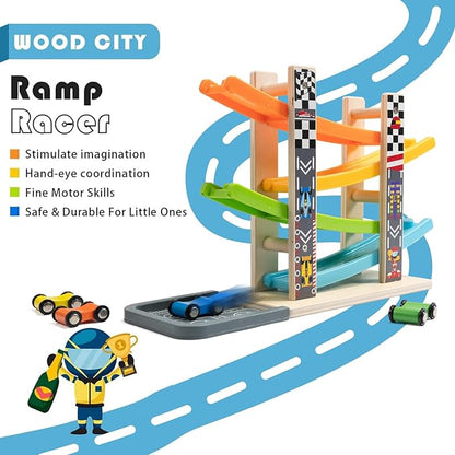 WOOD CITY Wooden Car Ramp Racer Toy Vehicle Set with 4 Mini Cars & Race Tracks, Toddler Toys for 1 2 3 Years Old, Montessori Cars Toys Birthday Gift for Kids Boys and Girls