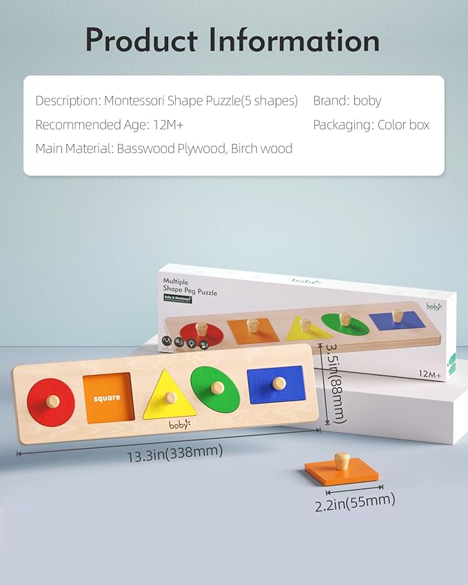 Boby Montessori Colorful Geometric Shapes Puzzle Board for Toddlers 1-3 Years | Wooden Knob Peg Baby Puzzles for 12-24 Months Early Learning Educational Toy