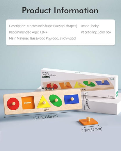Boby Montessori Colorful Geometric Shapes Puzzle Board for Toddlers 1-3 Years | Wooden Knob Peg Baby Puzzles for 12-24 Months Early Learning Educational Toy