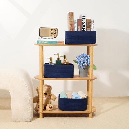 MiniArk Small Storage Baskets for Organizing | Closet Organizer Bins | Shelf Toy Basket | Woven Rope Baskets | Cube Decorative Box | Shallow Basket | 11.5x7.5x4.7” | 3 Packs Navy Blue