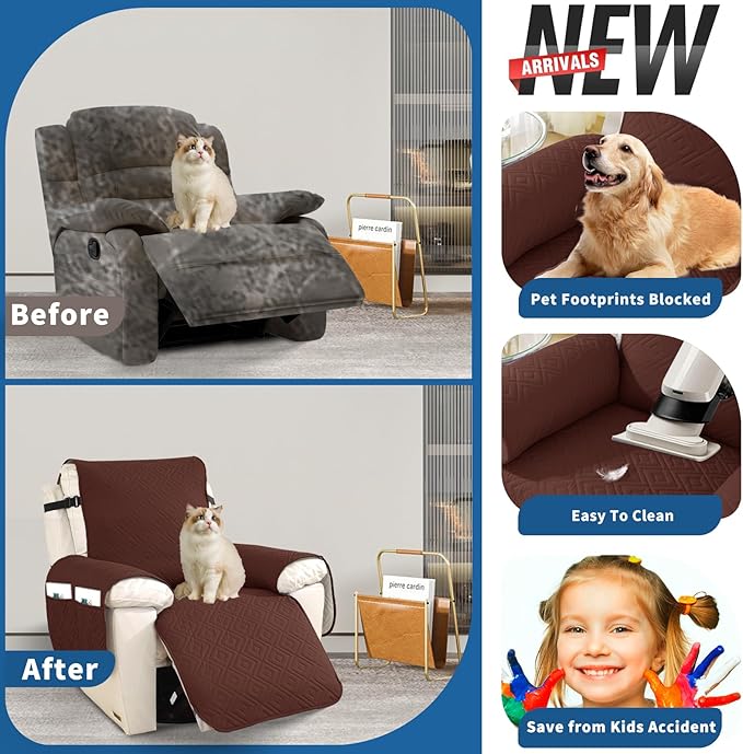 XINEAGE 100% Waterproof Recliner Cover, Non Slip Recliner Chair Cover with Elastic Band, Washable Recliner Slipcover with Storage Pockets for Kids, Pets (Coffee, 28")