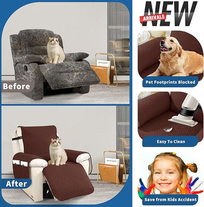 XINEAGE 100% Waterproof Recliner Cover, Non Slip Recliner Chair Cover with Elastic Band, Washable Recliner Slipcover with Storage Pockets for Kids, Pets (Coffee, 28")