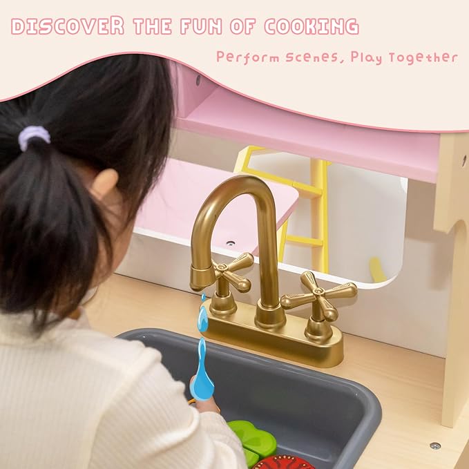 Garsing Toy Kitchen Playset with Real Sounds and Lights, Double Sided Kids Kitchen Playset with Restaurant, Wooden Play Kitchen with Cutting Food Set and Cooking Accessories for Kids Ages 3-8, Pink