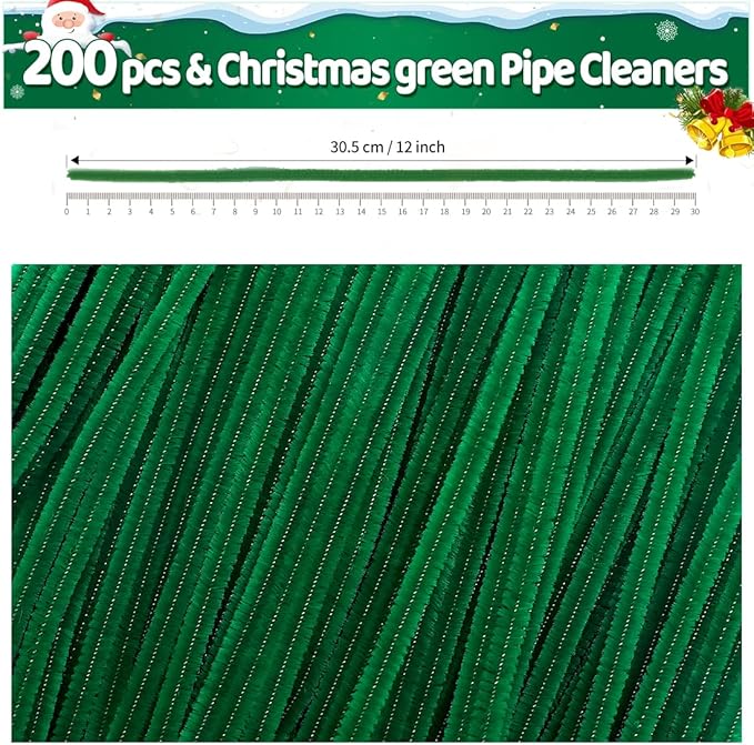 Iooleem 200pcs Christmas Green Pipe Cleaners, Chenille Stems, Pipe Cleaners for Crafts, Pipe Cleaner Crafts, Art and Craft Supplies.