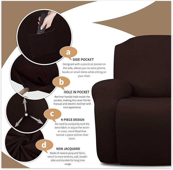 JIVINER 4-Piece Recliner Chair Covers Stretch Jacquard Chair Covers for Recliner Chair Recliner Slipcovers for Living Room Soft Recliner Protector with Pocket (Recliner,Dark Coffee)