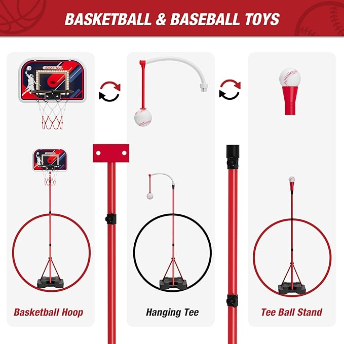 HYES 4 in 1 Kids Basketball Hoop and Tball Set 3-5, Basketball Goal with Scoreboard&LED, Hanging Tee Ball Stand with Baseball Pitching Machine, Indoor Outdoor Sport Toys for Boys 4-8