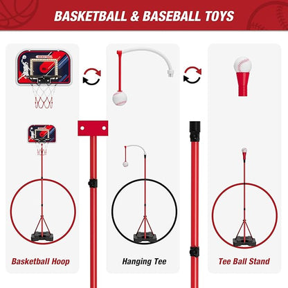 HYES 4 in 1 Kids Basketball Hoop and Tball Set 3-5, Basketball Goal with Scoreboard&LED, Hanging Tee Ball Stand with Baseball Pitching Machine, Indoor Outdoor Sport Toys for Boys 4-8