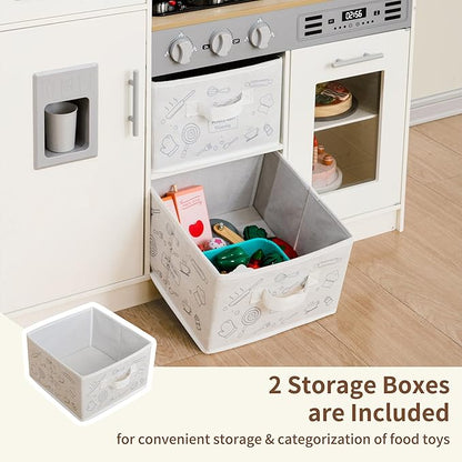 Play Kitchen Pretend Wooden Kids Kitchen Playset Toy Kitchen with Real Sound & Light and Toy Storage System and 12 Pcs Toddler Kitchen Accessories, for Boys and Girls Ages 3+,White Grey