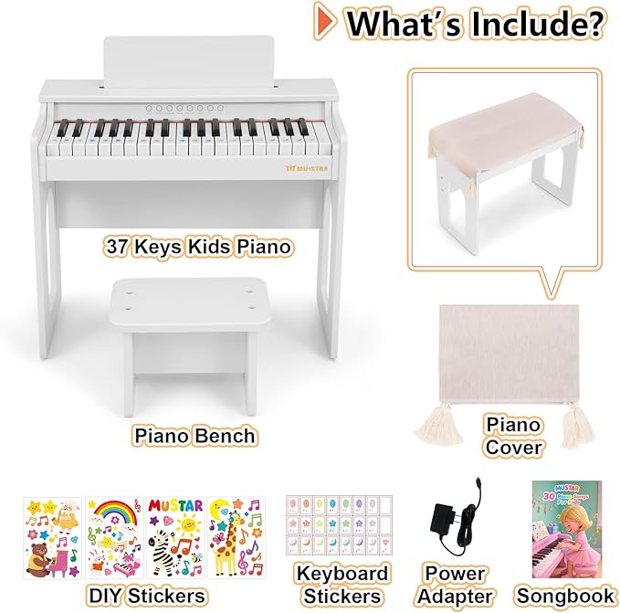 Kids Piano Keyboard, 37 Keys Wooden Digital Piano for Kids with Bench,Song Book, DIY Stickers, Cover, Education Creative Musical Instruments Toy for Boys & Grils Gifts